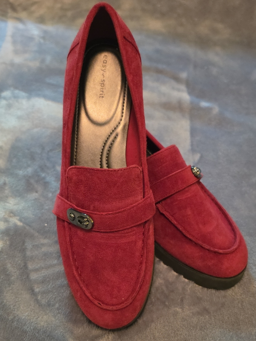 Easy Spirit Deep Red Suede Loafers with Metal Bit